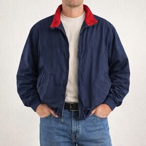 Vintage 90s Eddie Bauer Navy Cotton Bomber Jacket Red Collar Men’s Large
